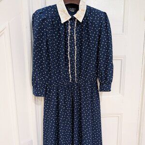 Tabby of California Women's 80s Grandmacore Navy Blue Dress Long Sleeves Size 12